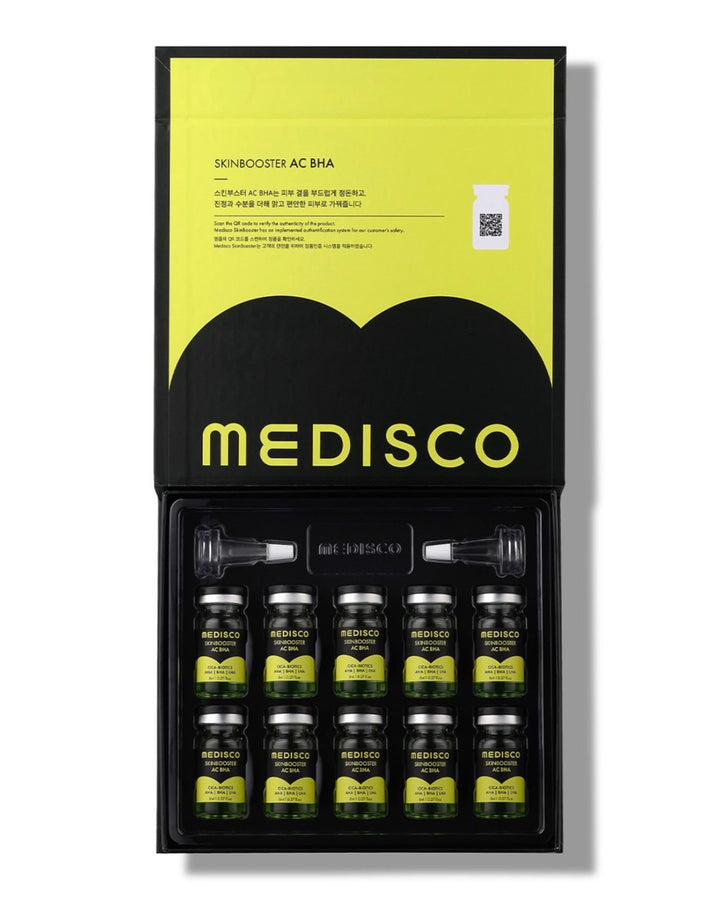 Medisco Skinbooster AC BHA opned box , showcasing vials and applicators