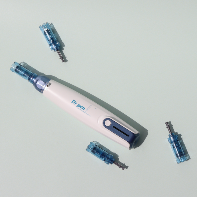 Dr. Pen A9 Microneedling Pen flatlays with cartridge replacement