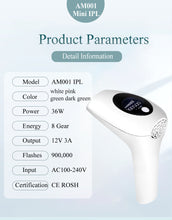 Load image into Gallery viewer, Image of Permanent Laser Depilatory Hair Remover infographic with product specifications