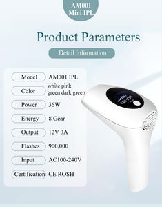 Image of Permanent Laser Depilatory Hair Remover infographic with product specifications