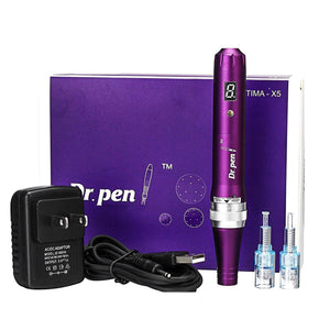 Image of Dr. Pen Ultima X5 with box, charger and replacement cartridges