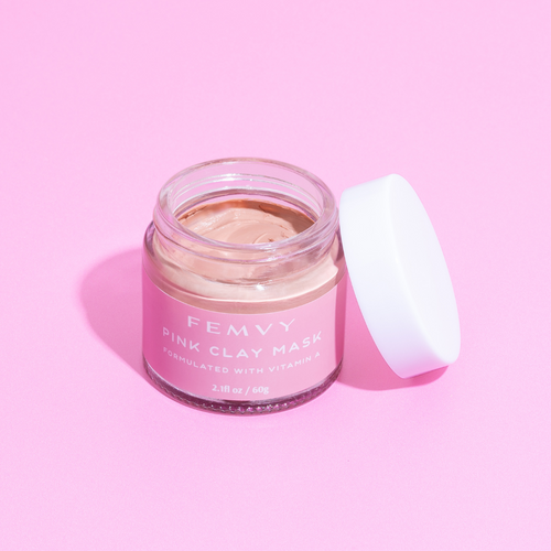 Femvy pink clay mask container opened