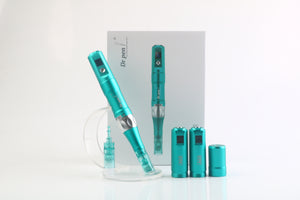 A Dr. Pen A6S Device pictured with box, spare batteries and needle cartridge included,
