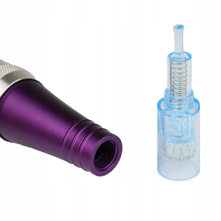 Image of Nano Pin Replacement Cartridge next to tip of Dr. Pen X5 Ultima