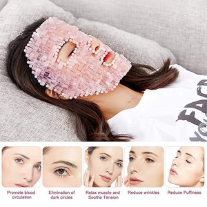 image of a woman lay down using rose quartz face mask and benefit grids in the bottom