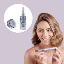 Load image into Gallery viewer, a woman holding zobelle maxima microneedling pen with 11 pin cartridge