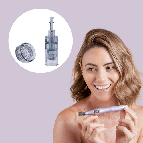 a woman holding zobelle maxima microneedling pen with 11 pin cartridge